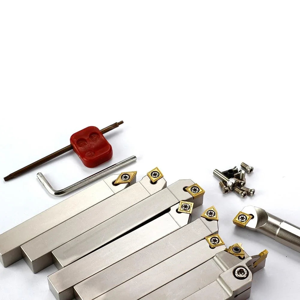 Precision metal lathe tool holders with carbide inserts and hex wrenches for woodworking projects