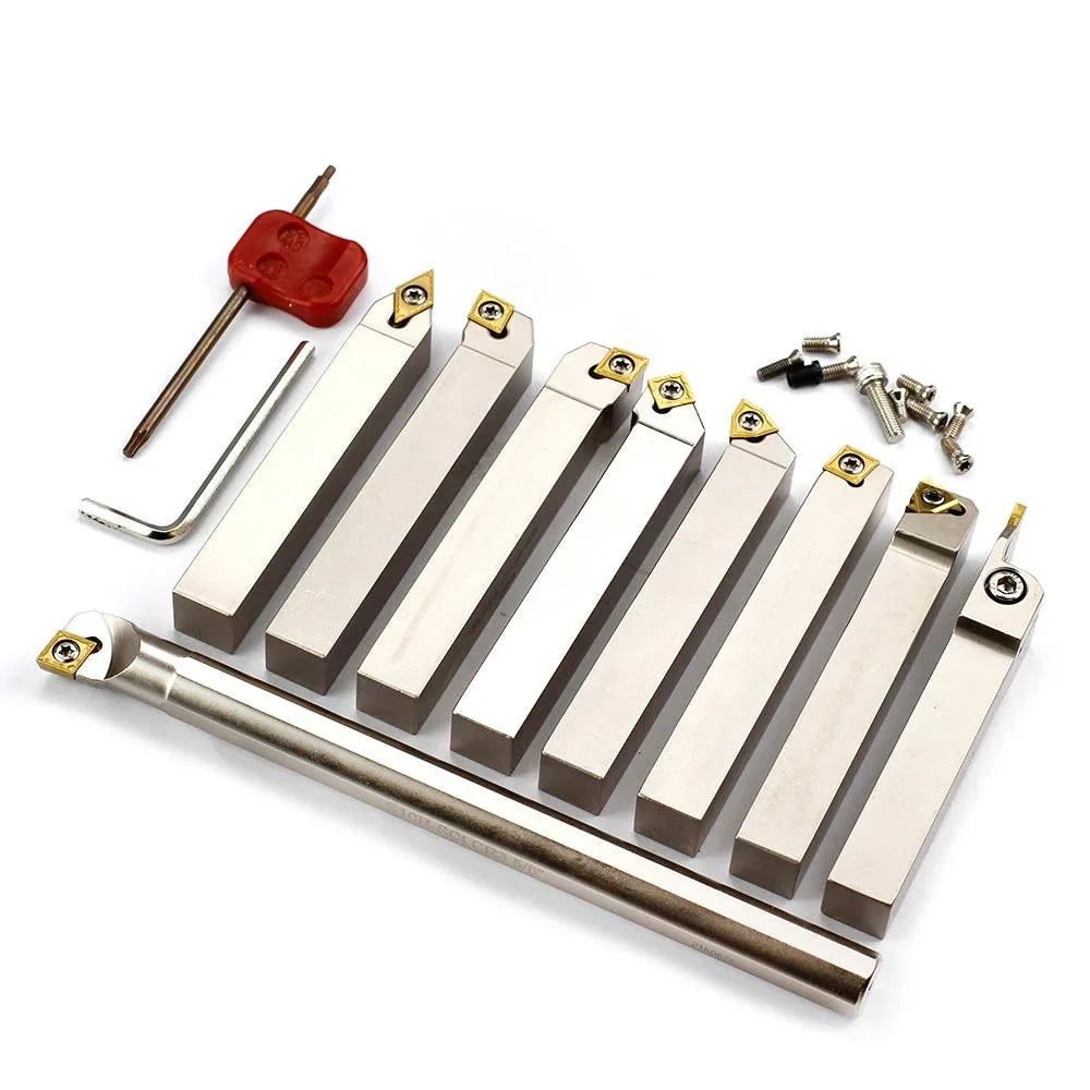 Precision metal lathe tool set with carbide inserts and hex wrench for woodworking projects