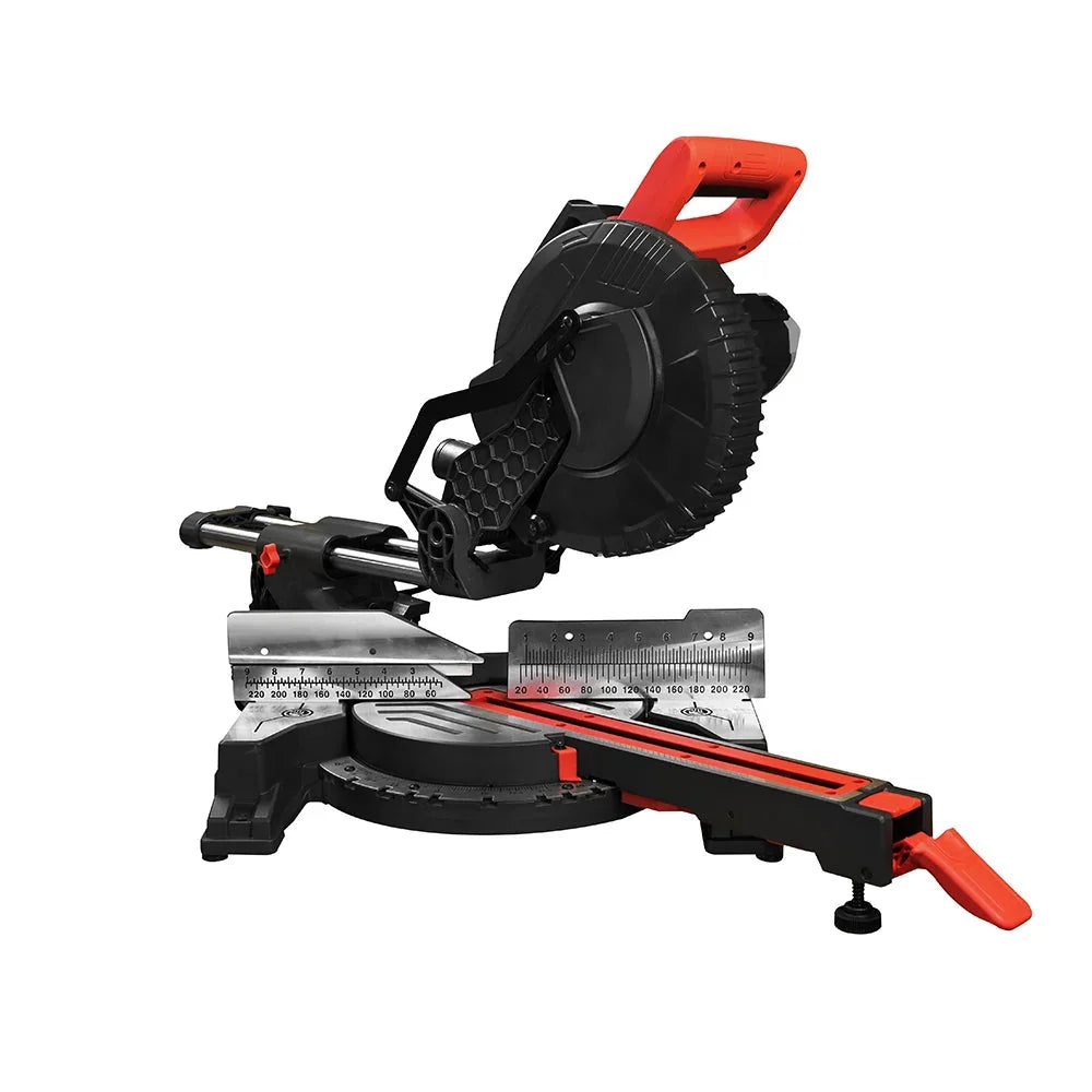 Red and black miter saw for precise woodworking cuts with adjustable angle gauge