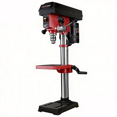 Red and black benchtop drill press for woodworking projects