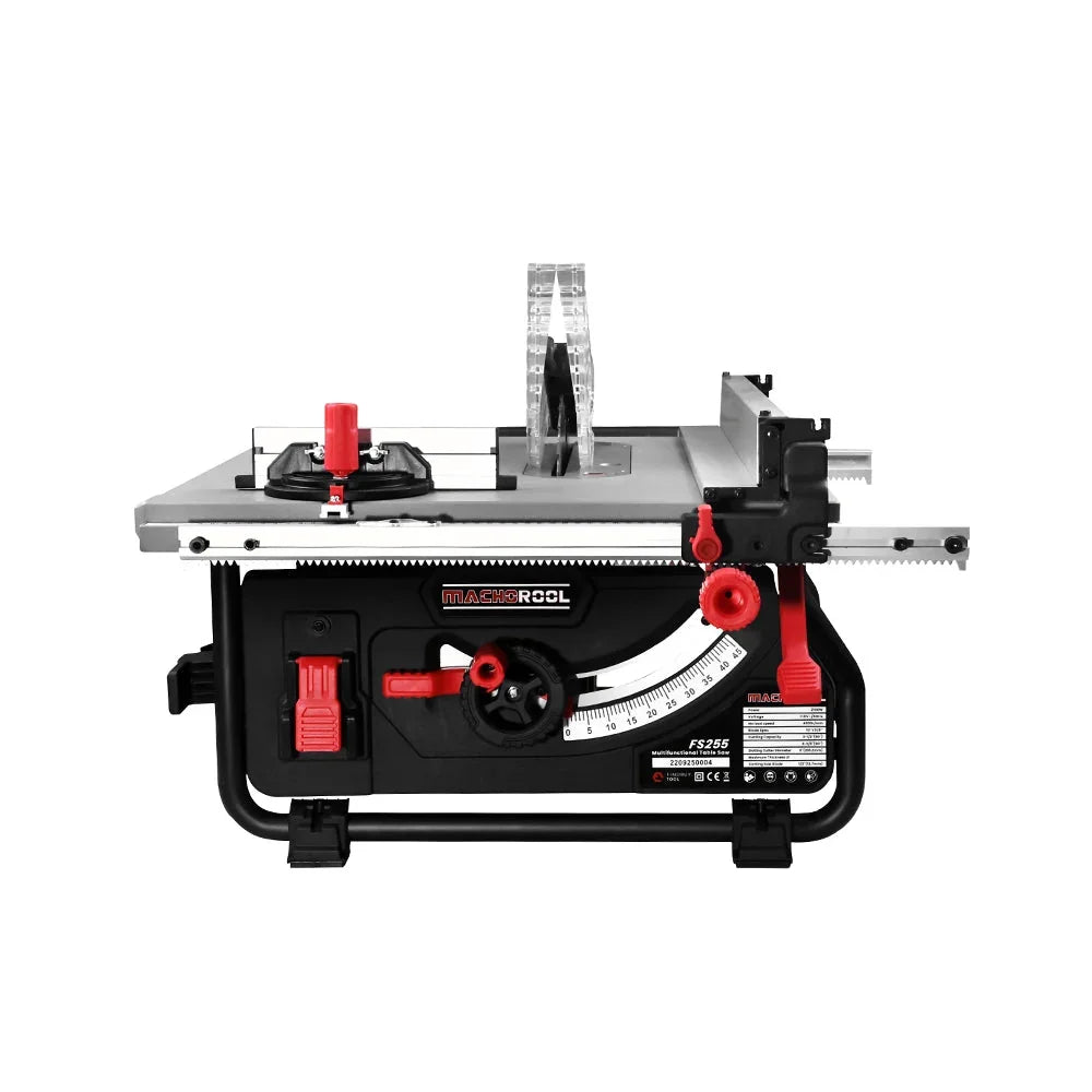 Machool FS255 multifunctional table saw with red knobs and precision scale for woodworking projects