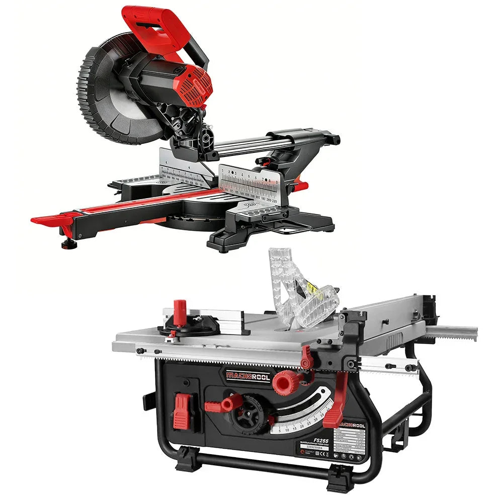 Red and black miter saw and table saw for precise woodworking cuts