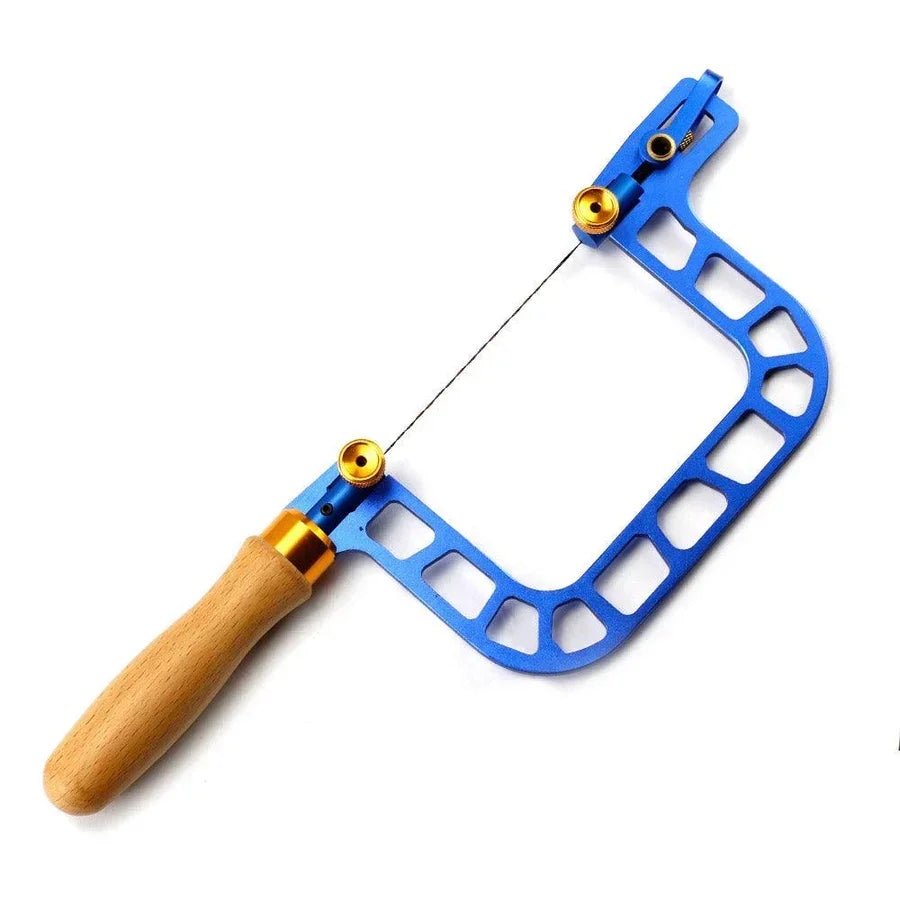 Blue coping saw with wooden handle for precise woodworking projects