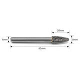 Carbide Burr F0820M06 Tree Radius End OMNI Range Head D 8 x 20mm, 6mm Shank, 65mm Full Length - FindBuyTool