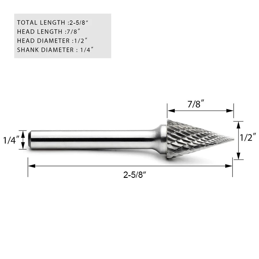 Carbide Burr SM-5 Cone Pointed Shape OMNI Range Head D 1/2 x 7/8L ,1/4 Shank, 2-5/8 Inch Full Length - FindBuyTool