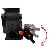 Black metal grinder with adjustable angle feature on a white background