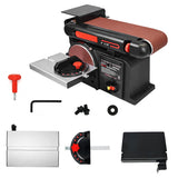 Benchtop sander with accessories on a white background
