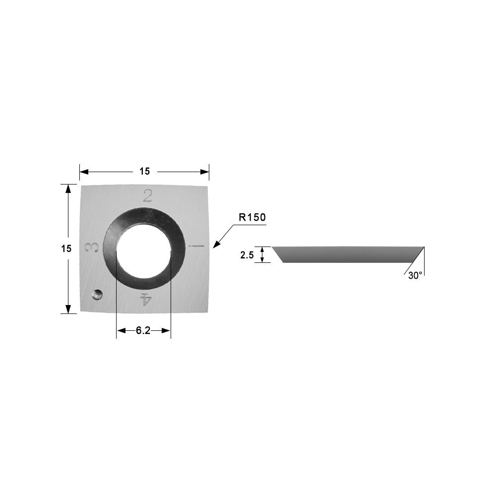 Cuchillo de inserción de carburo 15x15x2.5 mm-30 ° -R150 para cabezal helicoidal, 4-borde