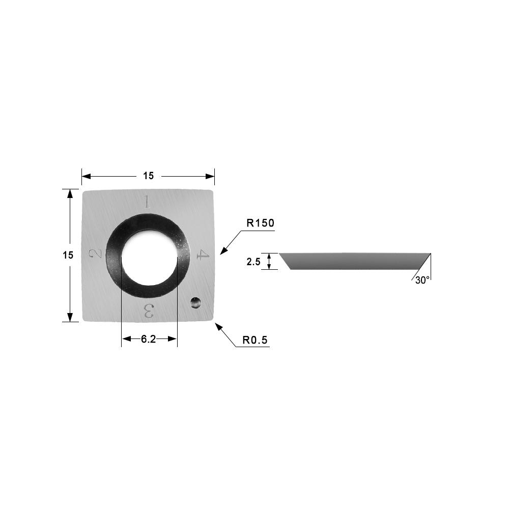 Cuchillo de inserción de carburo 15x15x2.5 mm-30 ° -R150-4R0.5 para cabezal helicoidal, 4 bordes