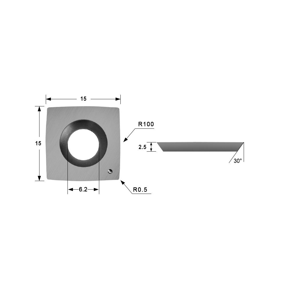 Inserção de carboneto Faca 15x15x2.5mm-30 ° -R100-4R0.5 para Cutterhead helicoidal, 4 arestas