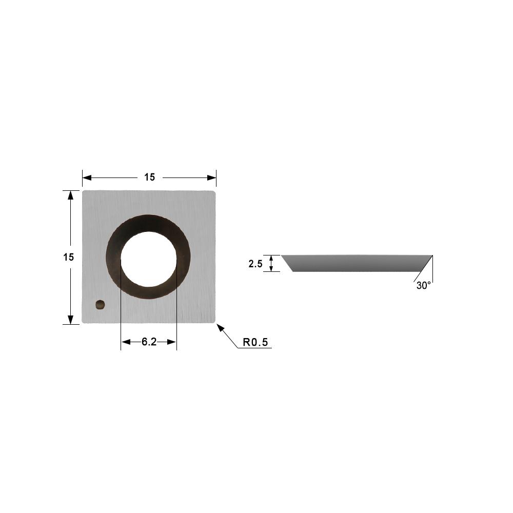 Cuchillo de inserción de carburo 15x15x2.5 mm-30 ° -4r0.5 para cabezal espiral, 4 borde