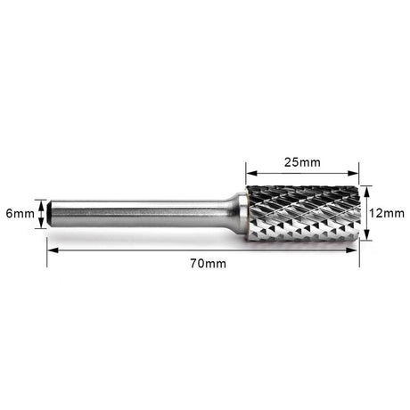 Carbide Burr A1225M06 Cylinderical Plain End OMNI Range Head D 12 x 25mm, 6mm Shank, 70mm Full Length - FindBuyTool