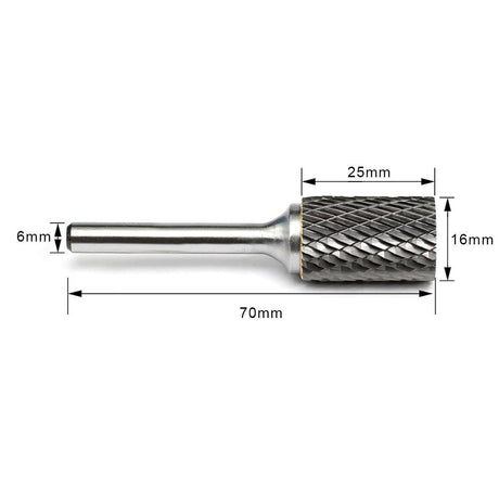 Carbide Burr A1625M06 Cylinderical Plain End OMNI Range Head D 16 x 25mm, 6mm Shank, 70mm Full Length - FindBuyTool