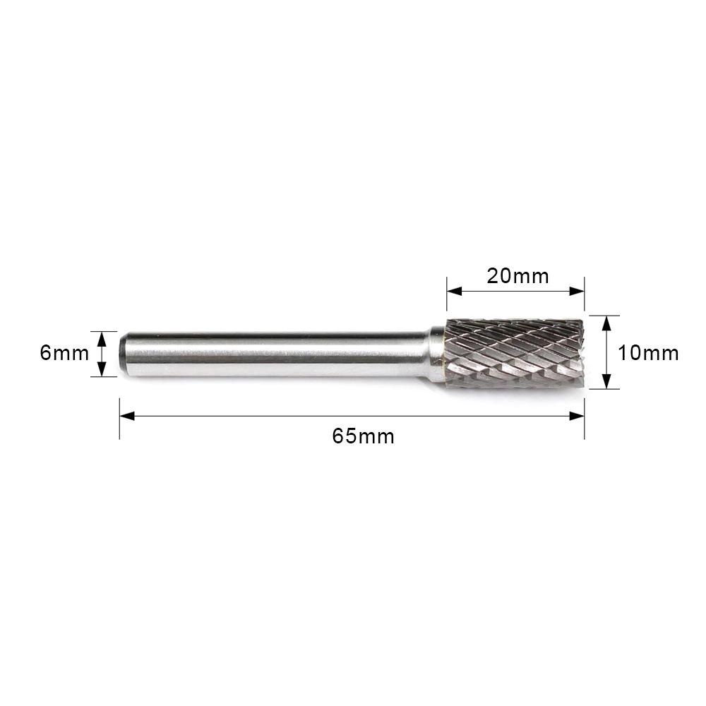 Carbide Burr B1020M06 Cylinderical End Cut Omni Range Head D 10 × 20 مم، عرقوب 6 مم، 65 ملم الطول الكامل