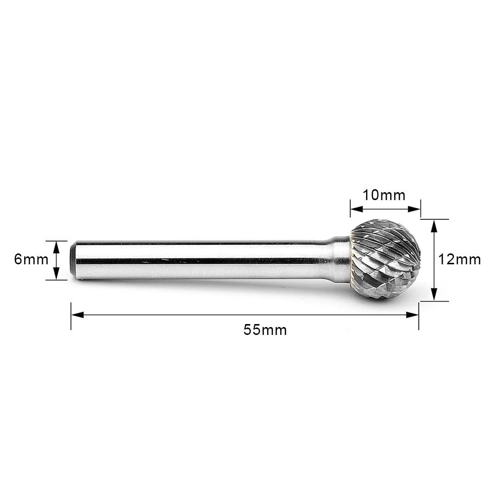 Carbide Burr D1D1210m06 Forma de bola Omni Cabeza de rango D 12 x 10 mm, 6mm Shank, 55 mm de longitud total