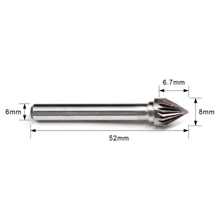 Carbide Burr J0807M06 Cone 60° OMNI Range Head D 8 x 6.7mm, 6mm Shank, 52mm Full Length - FindBuyTool