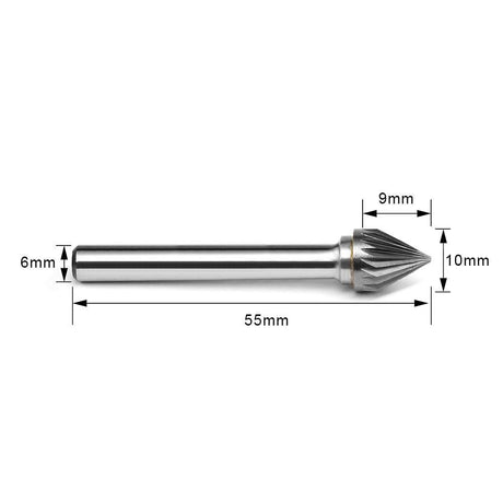 Carbide Burr J1009M06 Cone 60° OMNI Range Head D 10 x 9mm, 6mm Shank, 55mm Full Length - FindBuyTool
