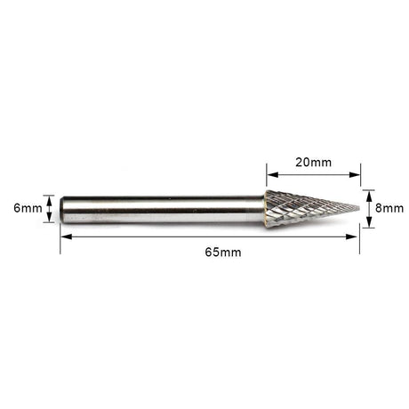 Carbide Burr M0820M06 Cone Pointed Shape OMNI Range Head D 8 x 20mm, 6mm Shank, 65mm Full Length - FindBuyTool